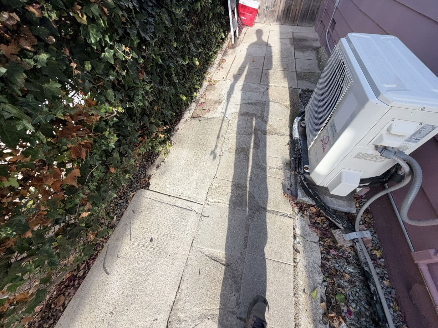 Side yard walkway with uneven patched sections and lips between slabs